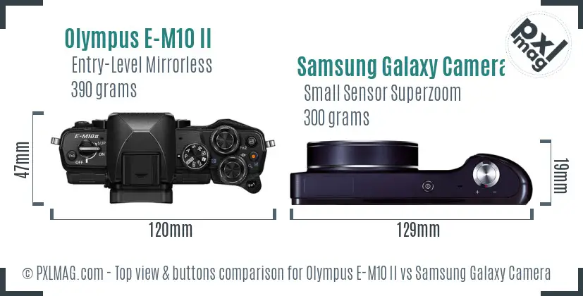 Olympus E-M10 II vs Samsung Galaxy Camera top view buttons comparison