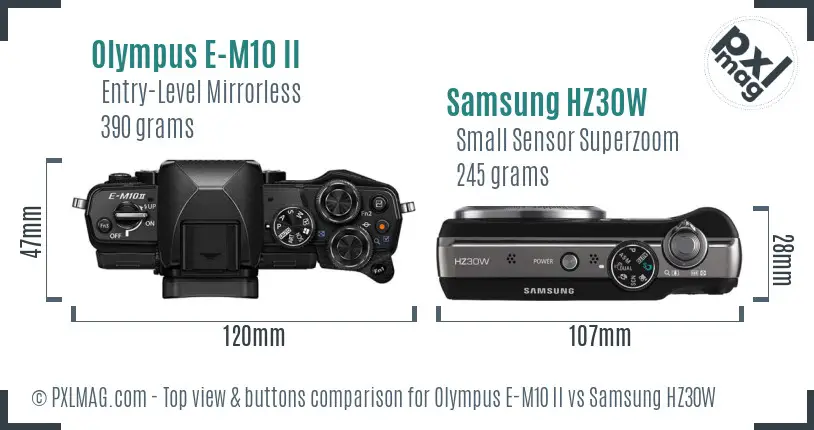 Olympus E-M10 II vs Samsung HZ30W top view buttons comparison