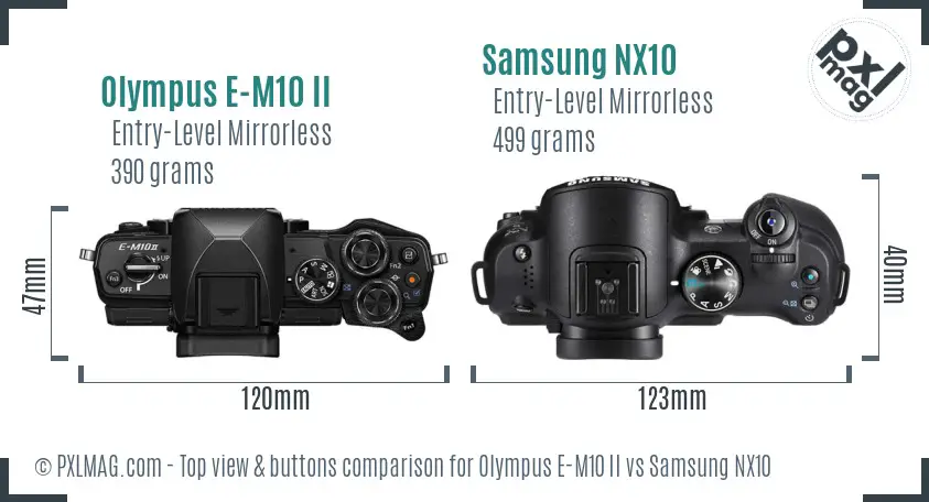 Olympus E-M10 II vs Samsung NX10 top view buttons comparison Olympus E-M10 II vs Samsung NX10 top view buttons comparison