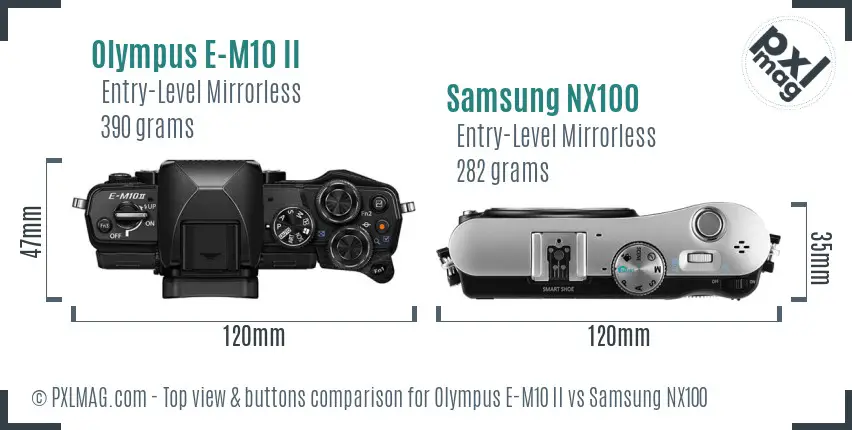 Olympus E-M10 II vs Samsung NX100 top view buttons comparison