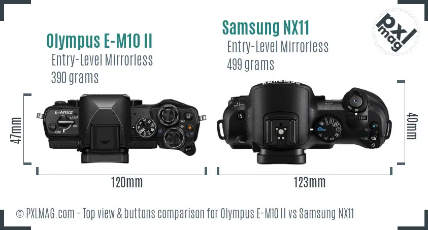 Olympus E-M10 II vs Samsung NX11 top view buttons comparison Olympus E-M10 II vs Samsung NX11 top view buttons comparison