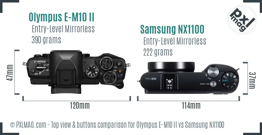 Olympus E-M10 II vs Samsung NX1100 top view buttons comparison
