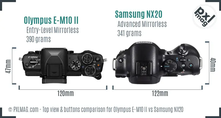 Olympus E-M10 II vs Samsung NX20 top view buttons comparison
