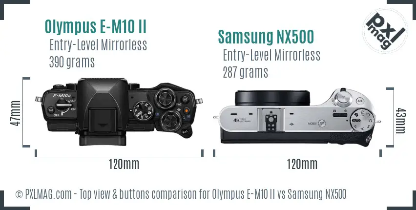 Olympus E-M10 II vs Samsung NX500 top view buttons comparison