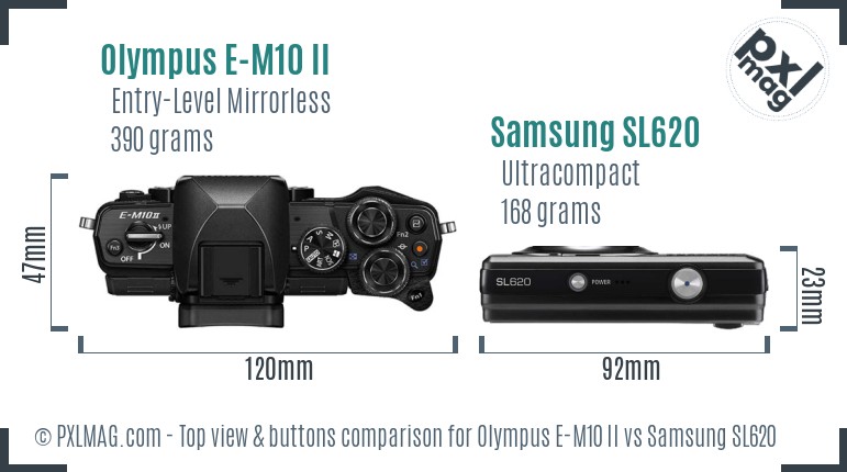 Olympus E-M10 II vs Samsung SL620 top view buttons comparison