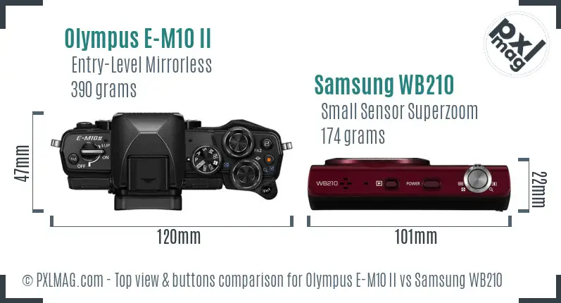 Olympus E-M10 II vs Samsung WB210 top view buttons comparison