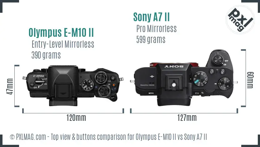 Olympus E-M10 II vs Sony A7 II top view buttons comparison