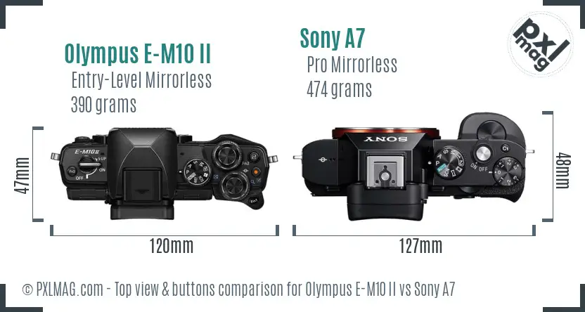 Olympus E-M10 II vs Sony A7 top view buttons comparison