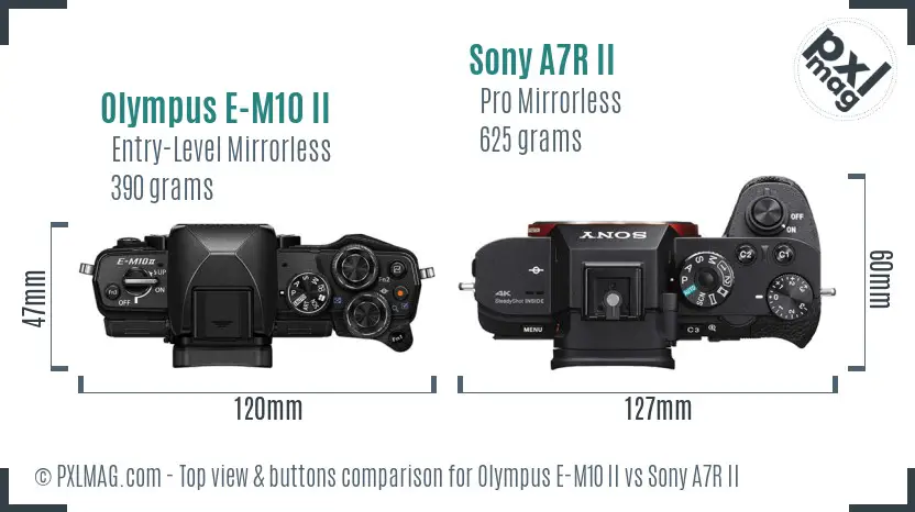 Olympus E-M10 II vs Sony A7R II top view buttons comparison