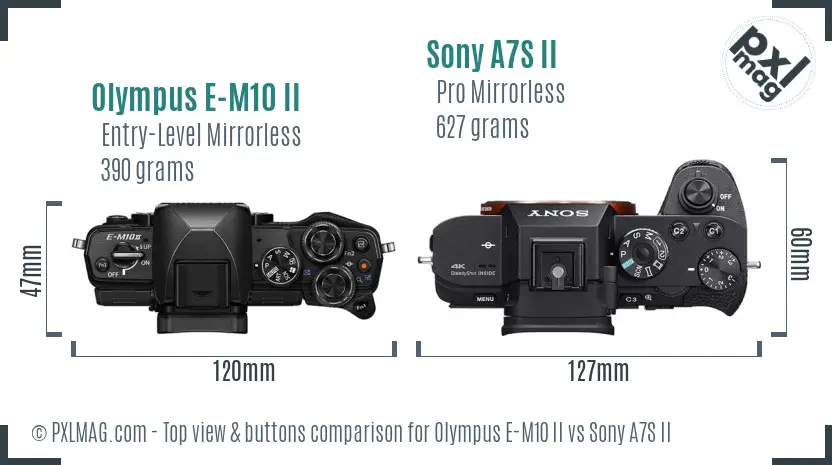 Olympus E-M10 II vs Sony A7S II top view buttons comparison