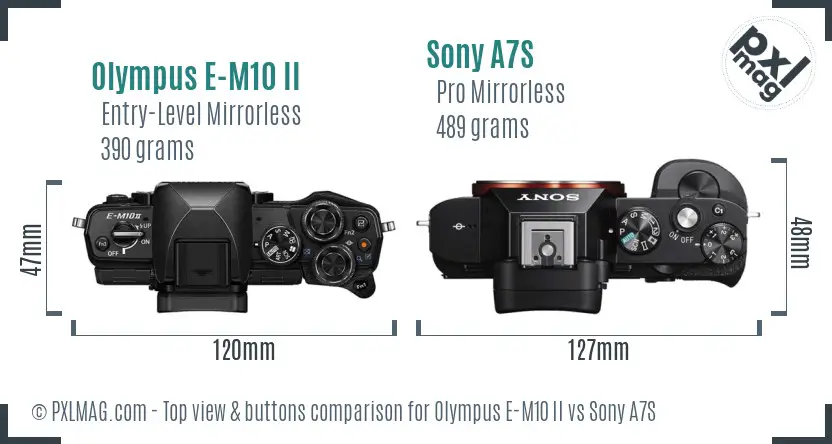 Olympus E-M10 II vs Sony A7S top view buttons comparison