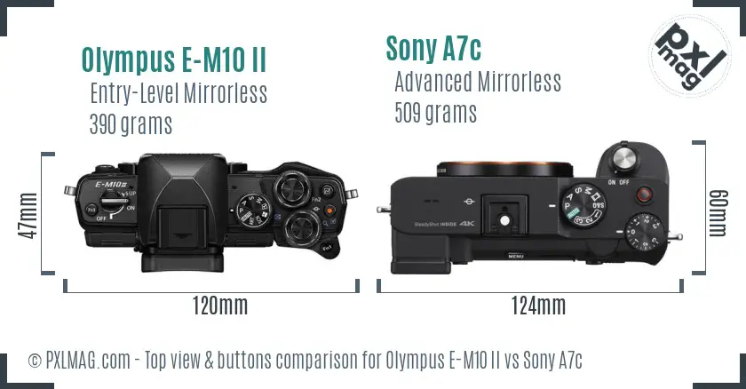 Olympus E-M10 II vs Sony A7c top view buttons comparison