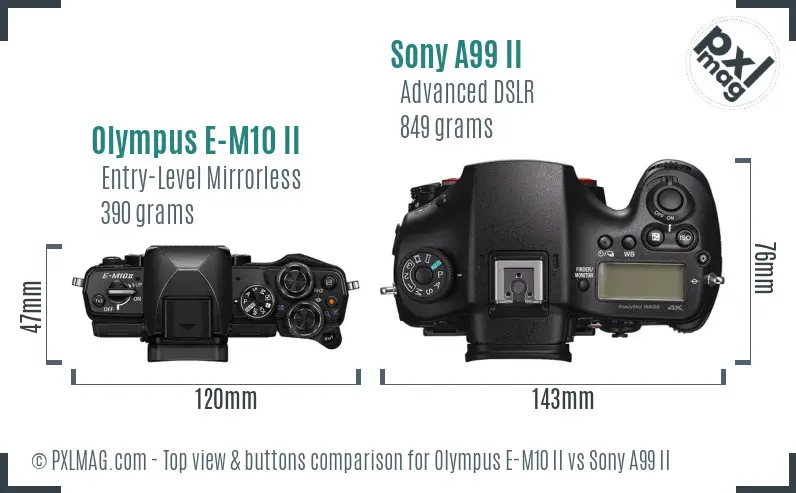 Olympus E-M10 II vs Sony A99 II top view buttons comparison