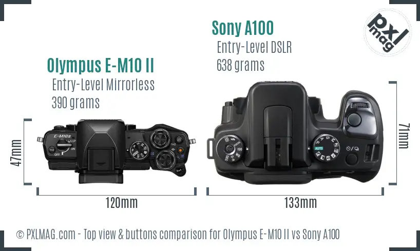 Olympus E-M10 II vs Sony A100 top view buttons comparison