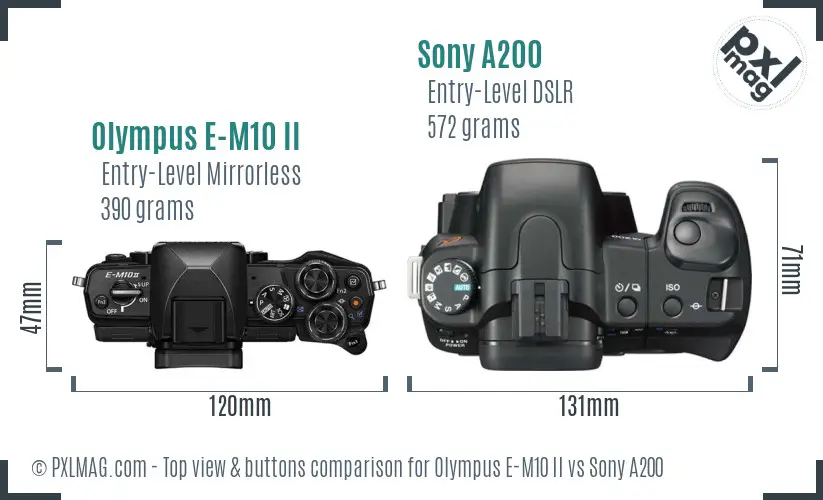 Olympus E-M10 II vs Sony A200 top view buttons comparison