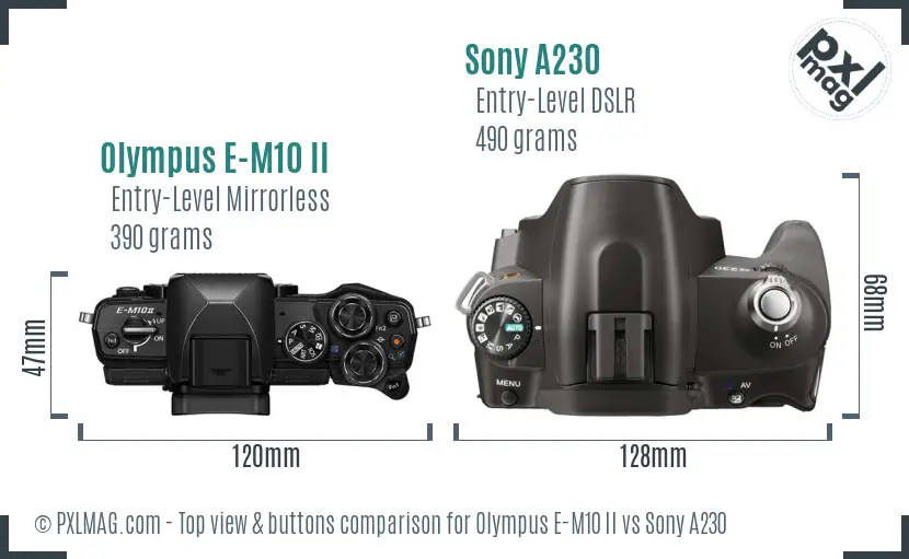 Olympus E-M10 II vs Sony A230 top view buttons comparison