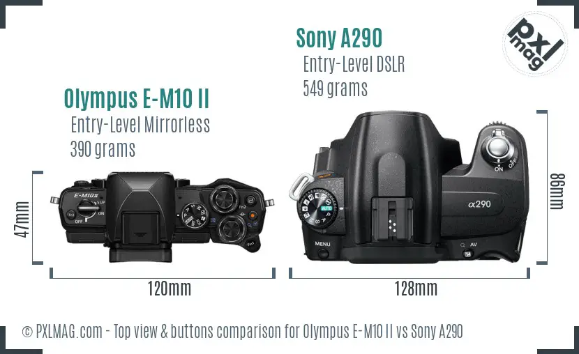 Olympus E-M10 II vs Sony A290 top view buttons comparison