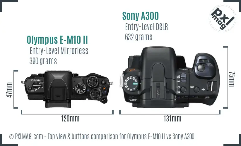 Olympus E-M10 II vs Sony A300 top view buttons comparison