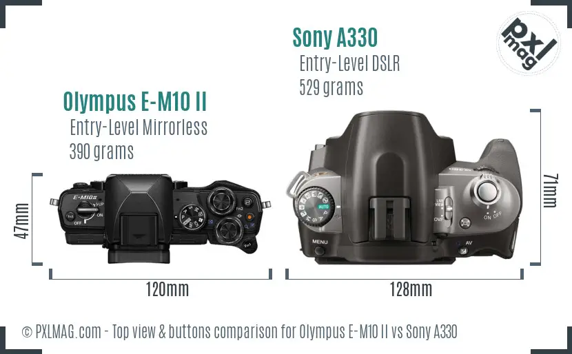 Olympus E-M10 II vs Sony A330 top view buttons comparison