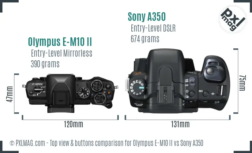 Olympus E-M10 II vs Sony A350 top view buttons comparison