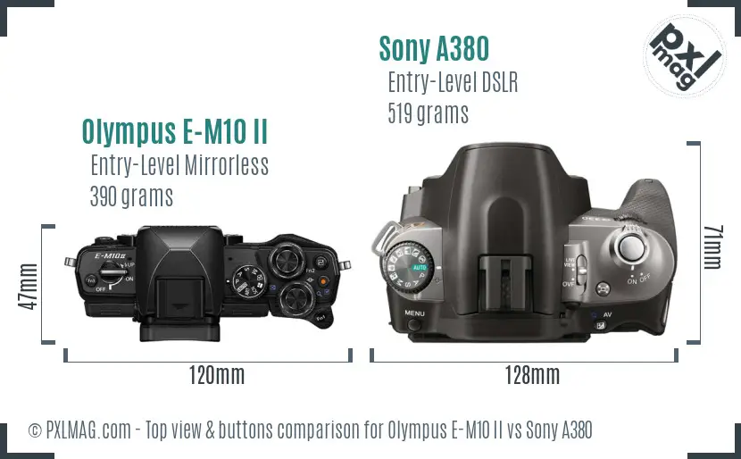 Olympus E-M10 II vs Sony A380 top view buttons comparison