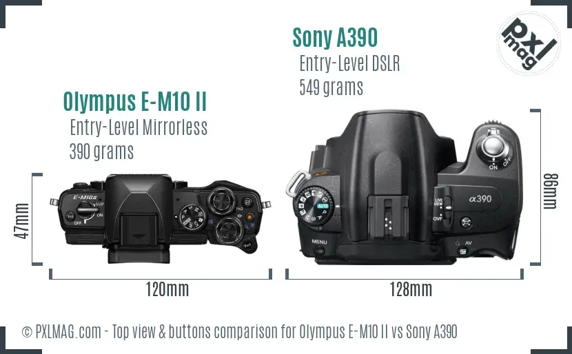 Olympus E-M10 II vs Sony A390 top view buttons comparison