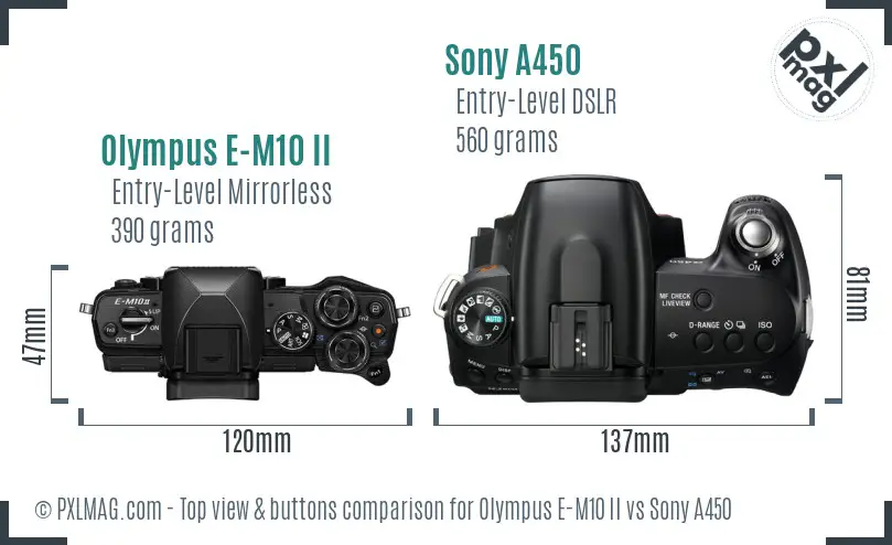 Olympus E-M10 II vs Sony A450 top view buttons comparison