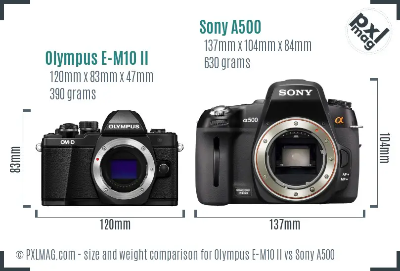 Olympus E-M10 II vs Sony A500 size comparison