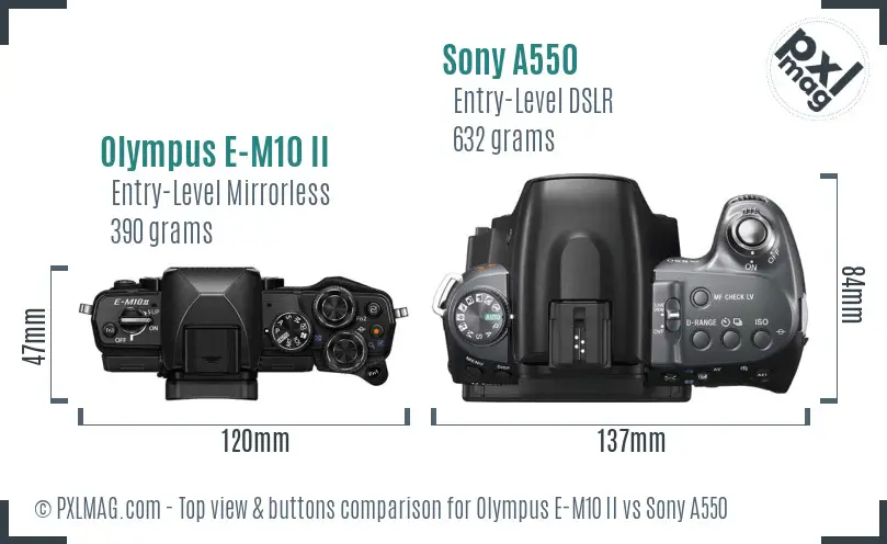 Olympus E-M10 II vs Sony A550 top view buttons comparison