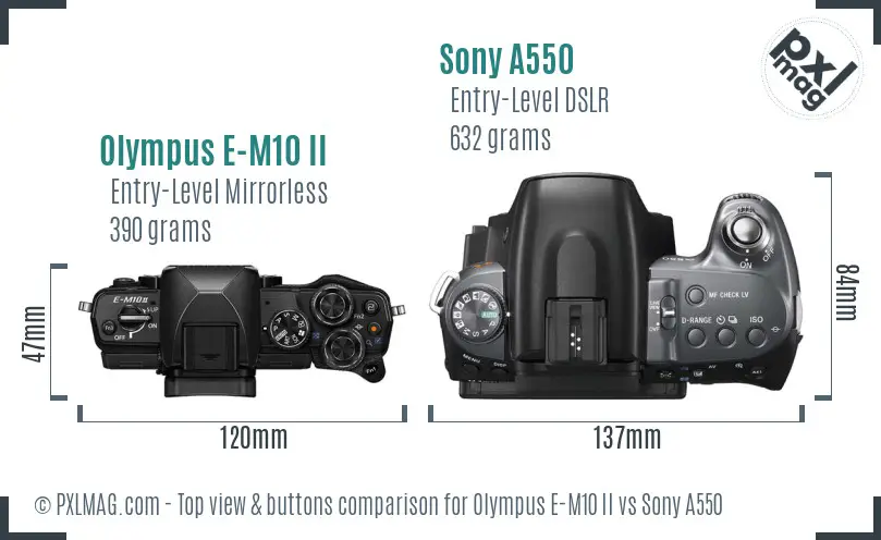 Olympus E-M10 II vs Sony A550 top view buttons comparison Olympus E-M10 II vs Sony A550 top view buttons comparison