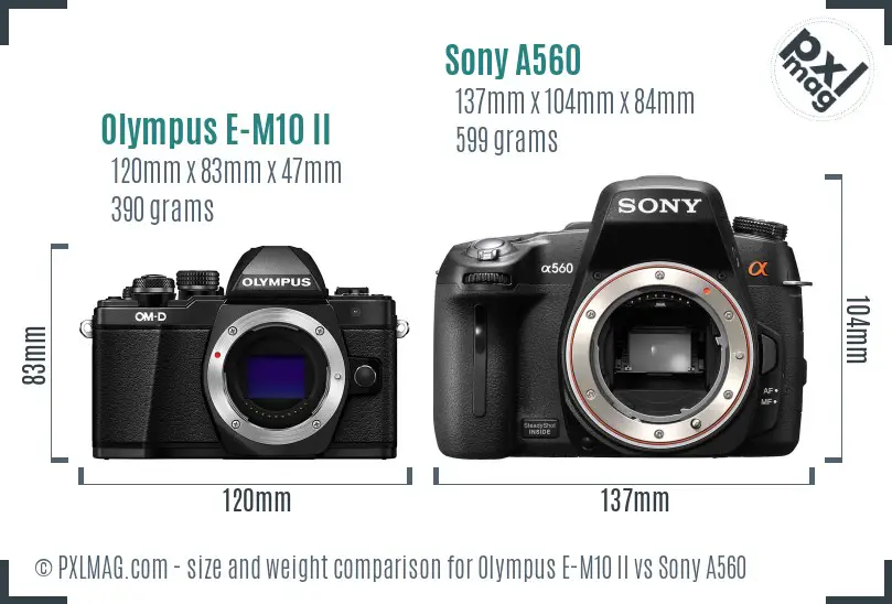 Olympus E-M10 II vs Sony A560 size comparison