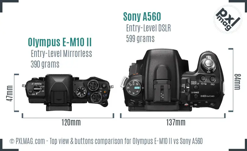 Olympus E-M10 II vs Sony A560 top view buttons comparison
