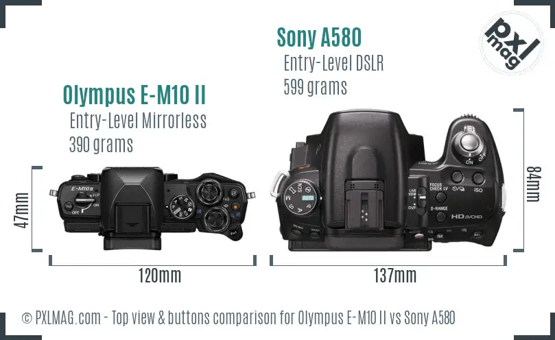 Olympus E-M10 II vs Sony A580 top view buttons comparison