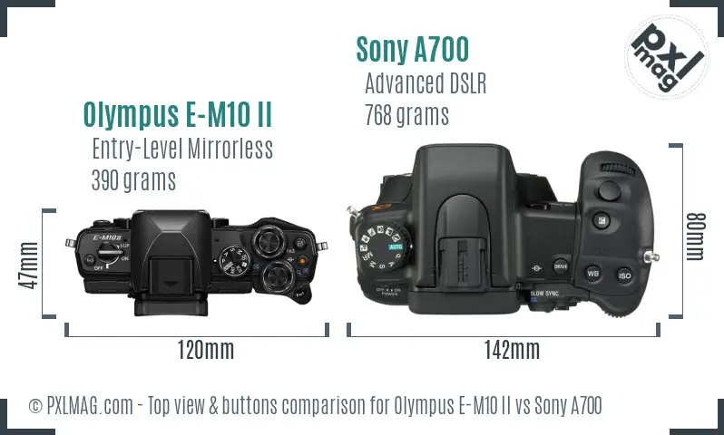 Olympus E-M10 II vs Sony A700 top view buttons comparison