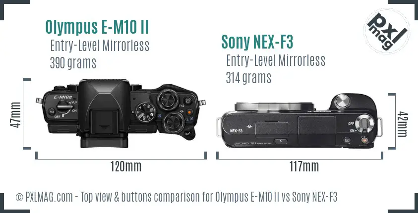 Olympus E-M10 II vs Sony NEX-F3 top view buttons comparison