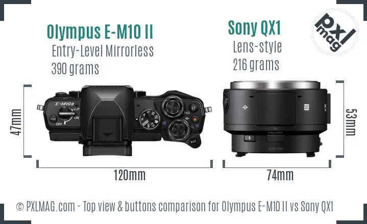 Olympus E-M10 II vs Sony QX1 top view buttons comparison