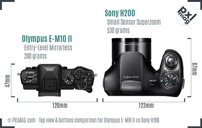 Olympus E-M10 II vs Sony H200 top view buttons comparison