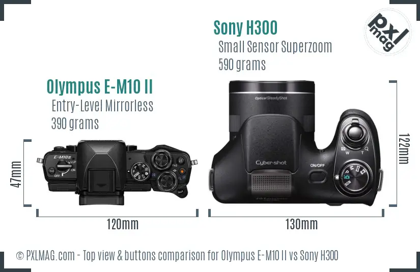 Olympus E-M10 II vs Sony H300 top view buttons comparison