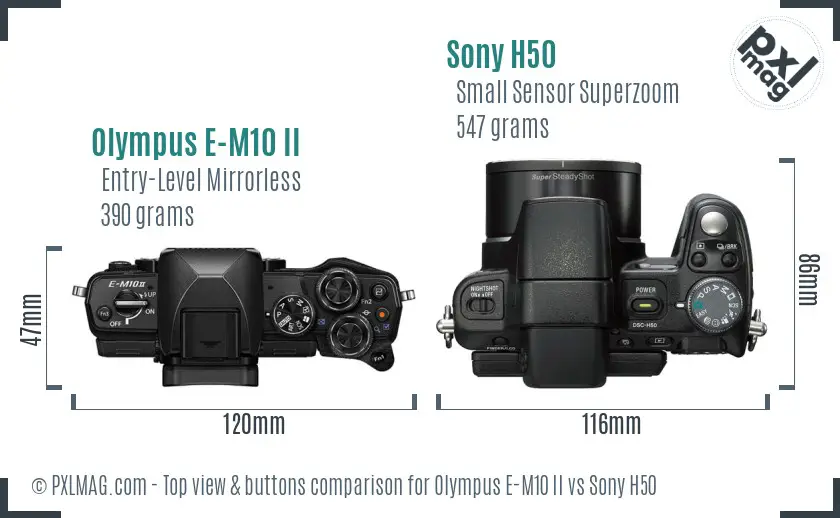 Olympus E-M10 II vs Sony H50 top view buttons comparison