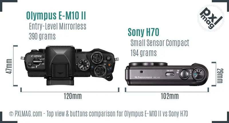 Olympus E-M10 II vs Sony H70 top view buttons comparison