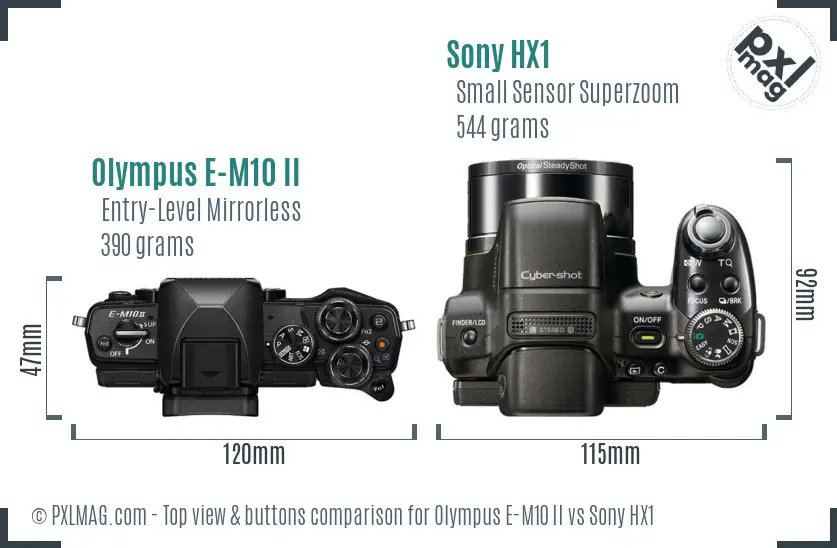 Olympus E-M10 II vs Sony HX1 top view buttons comparison