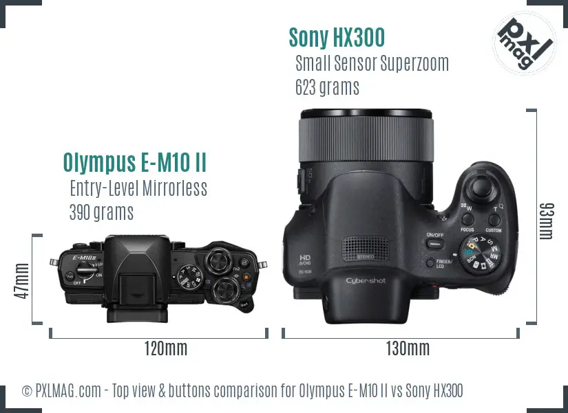 Olympus E-M10 II vs Sony HX300 top view buttons comparison