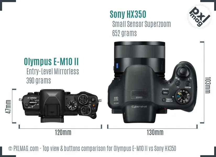 Olympus E-M10 II vs Sony HX350 top view buttons comparison