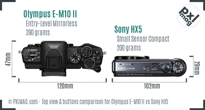 Olympus E-M10 II vs Sony HX5 top view buttons comparison