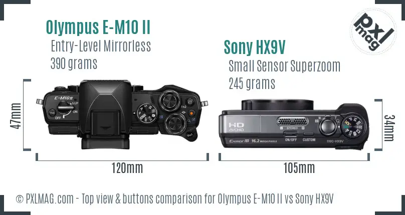 Olympus E-M10 II vs Sony HX9V top view buttons comparison