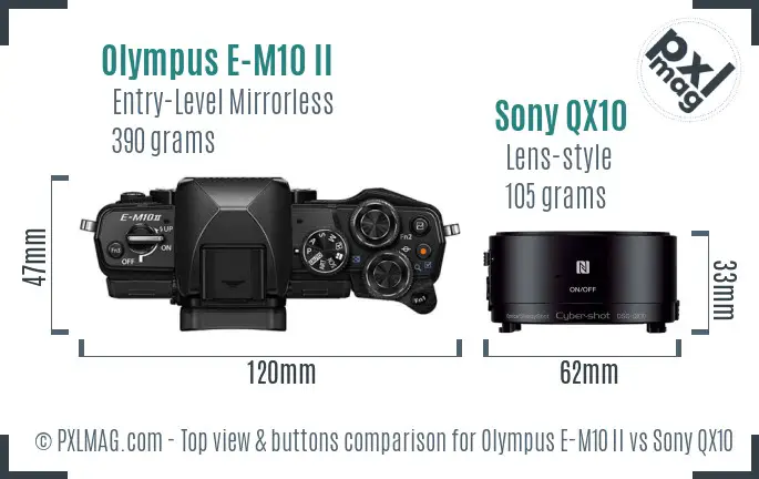 Olympus E-M10 II vs Sony QX10 top view buttons comparison