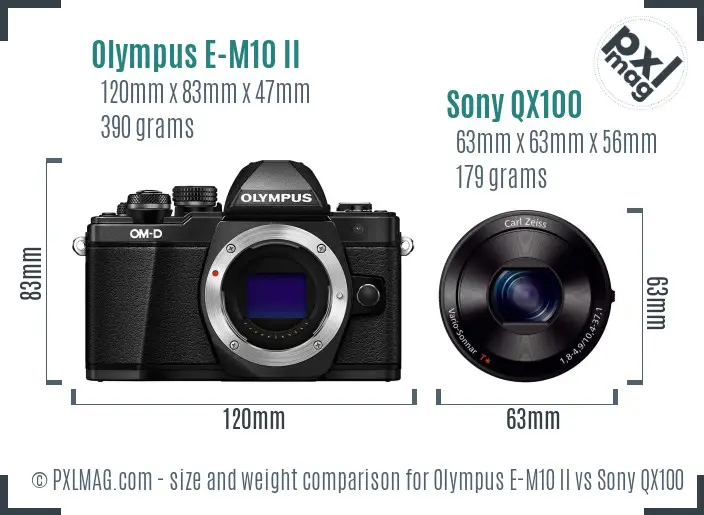 Olympus E-M10 II vs Sony QX100 size comparison