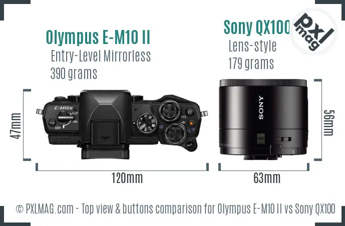 Olympus E-M10 II vs Sony QX100 top view buttons comparison