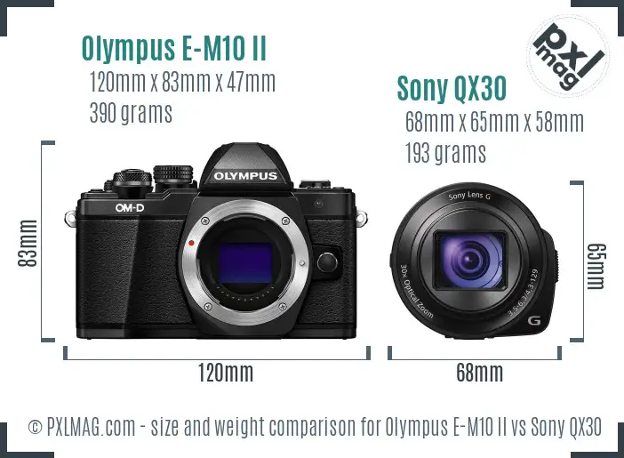 Olympus E-M10 II vs Sony QX30 size comparison