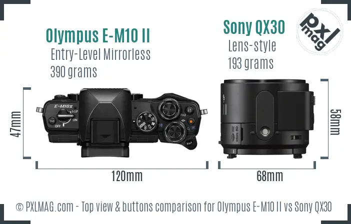 Olympus E-M10 II vs Sony QX30 top view buttons comparison